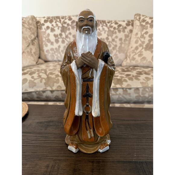 Chinese Shiwan Art Pottery Mudman Confucius with Walking Stick, 11.5” - Picture 1 of 8